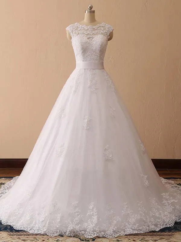 Elegant Cap Sleeves Lace Ball Gown Wedding Dresses