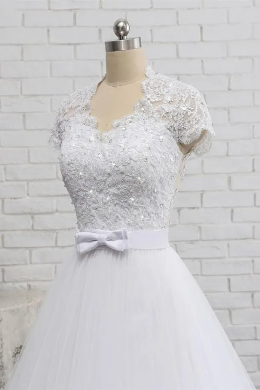 Elegant Short Sleeves Lace Beaded Tulle Wedding Dresses
