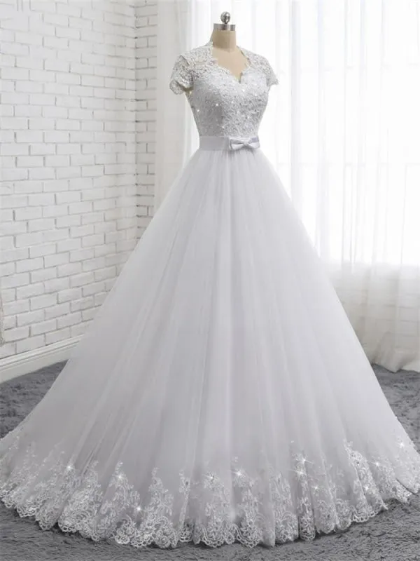Elegant Short Sleeves Lace Beaded Tulle Wedding Dresses