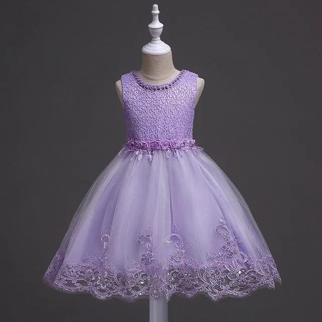 It's YiiYa Flower Girl Dress Elegant Sleeveless O-neck Kid Party Gowns Wedding Blue White Pink Purple Dresses For Girls 981
