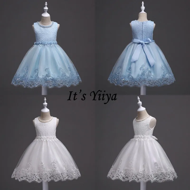 It's YiiYa Flower Girl Dress Elegant Sleeveless O-neck Kid Party Gowns Wedding Blue White Pink Purple Dresses For Girls 981