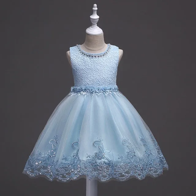 It's YiiYa Flower Girl Dress Elegant Sleeveless O-neck Kid Party Gowns Wedding Blue White Pink Purple Dresses For Girls 981