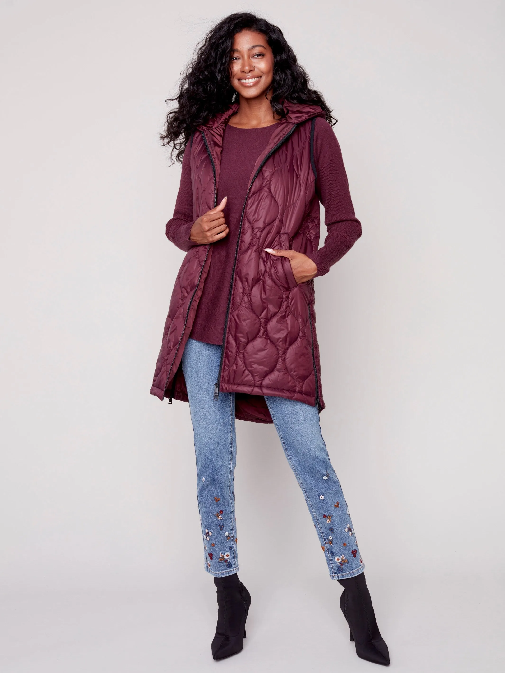 Long Quilted Puffer Vest with Hood - Port