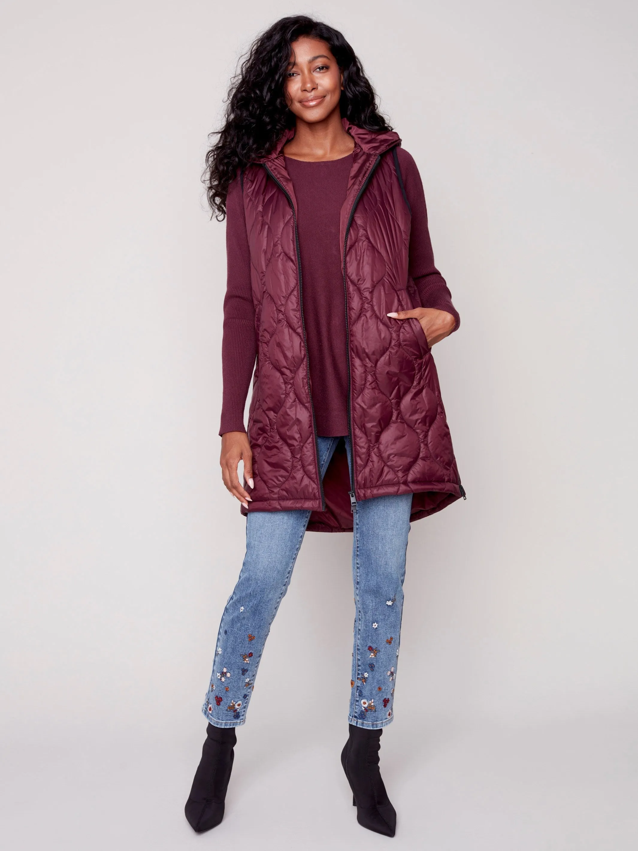 Long Quilted Puffer Vest with Hood - Port