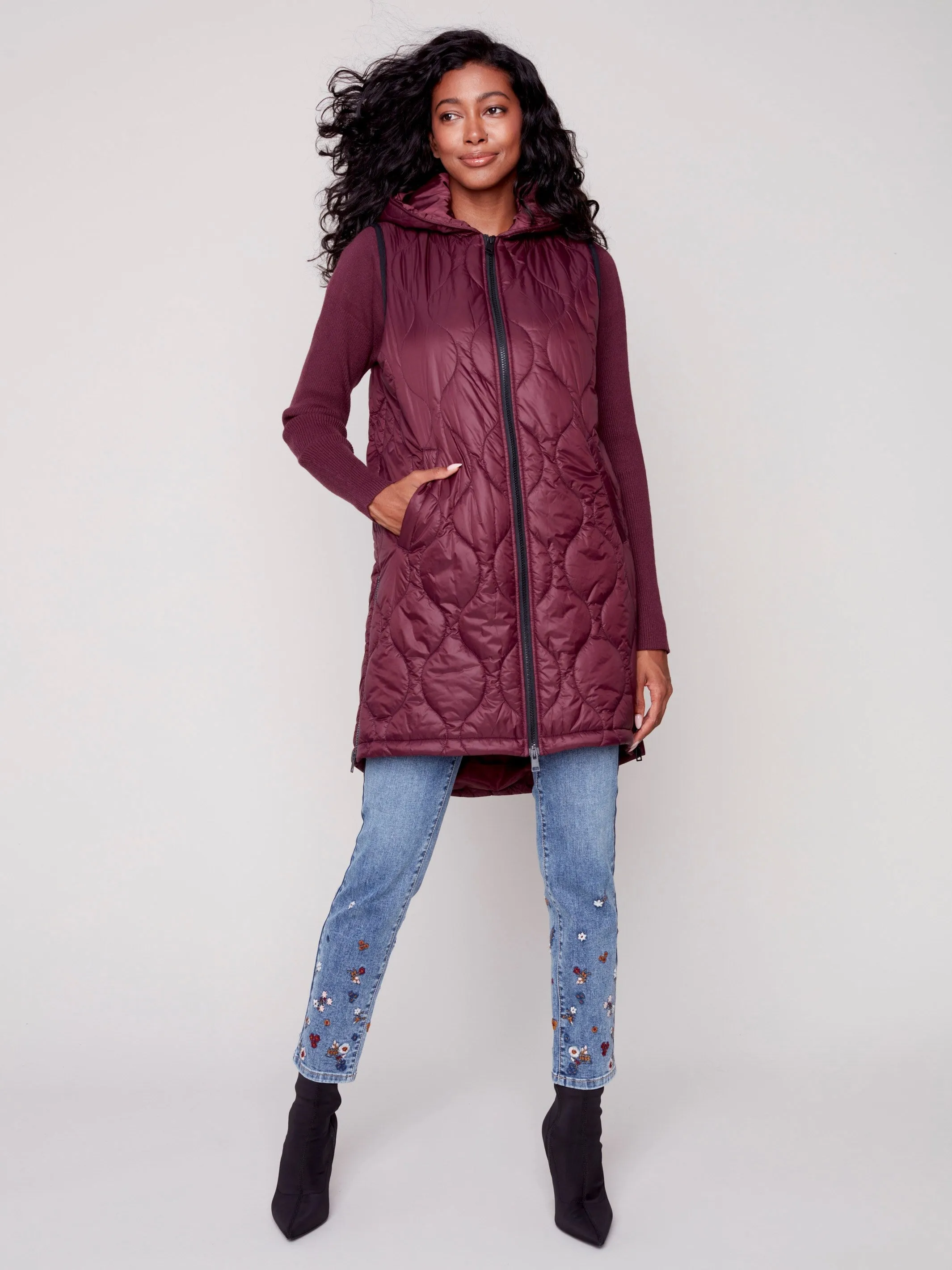 Long Quilted Puffer Vest with Hood - Port