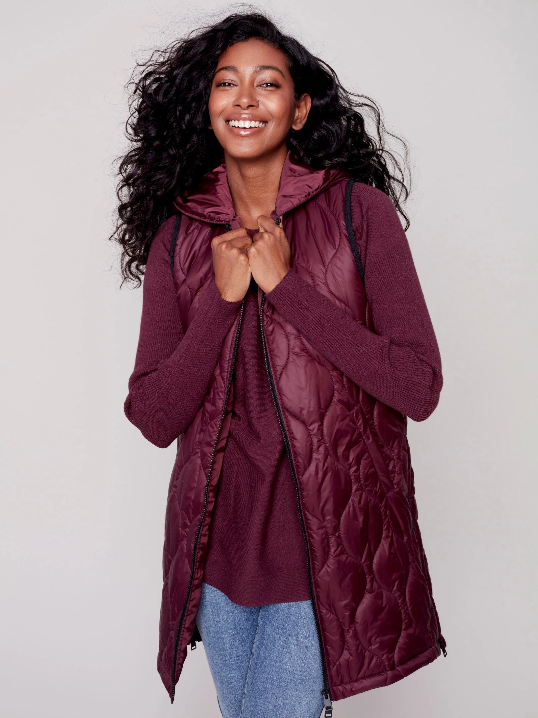 Long Quilted Puffer Vest with Hood - Port