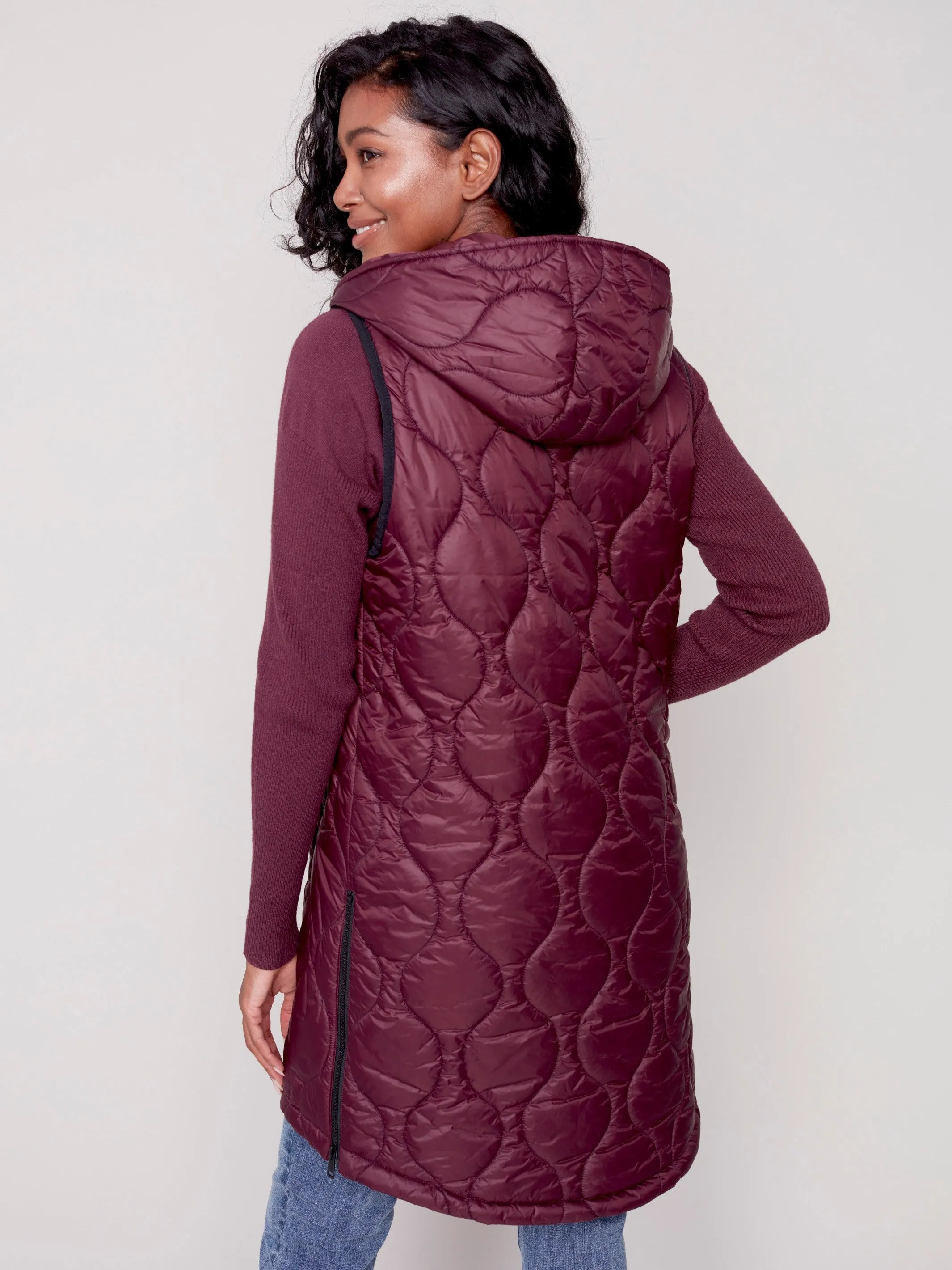 Long Quilted Puffer Vest with Hood - Port