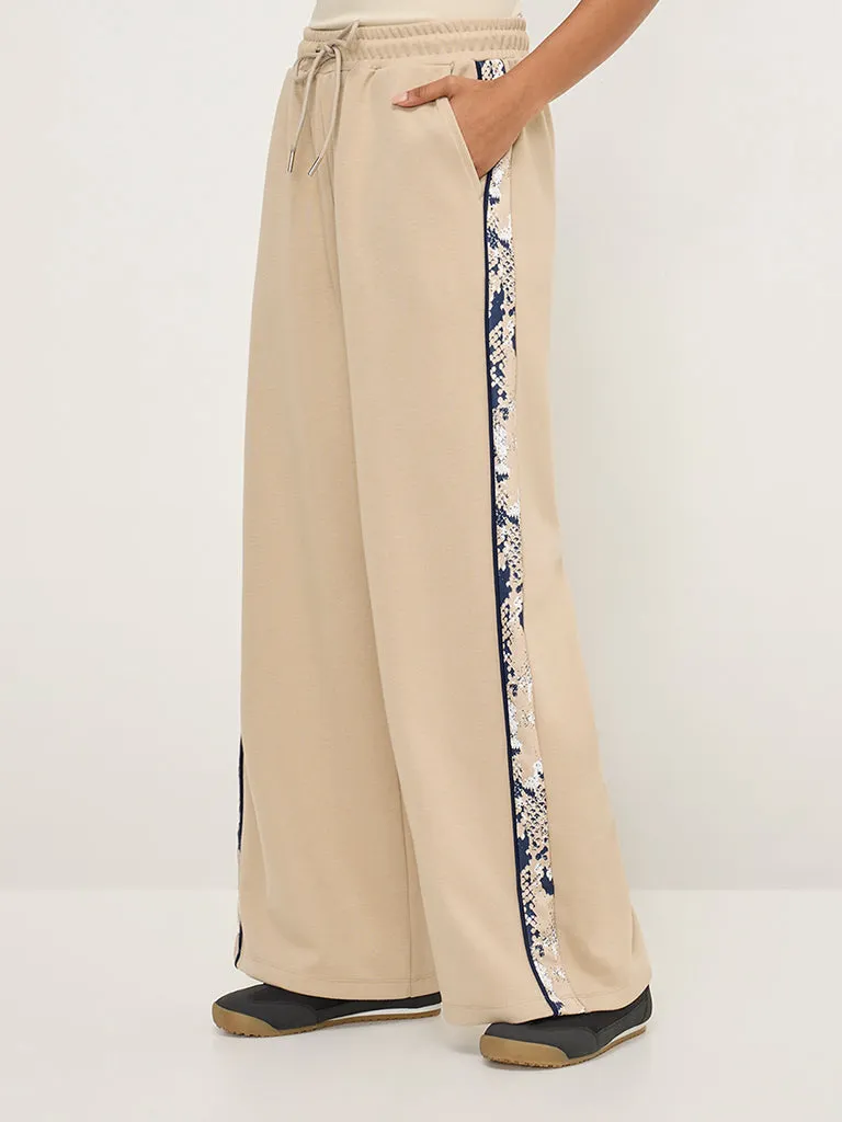 LOV Beige Abstract Design High-Rise Track Pants