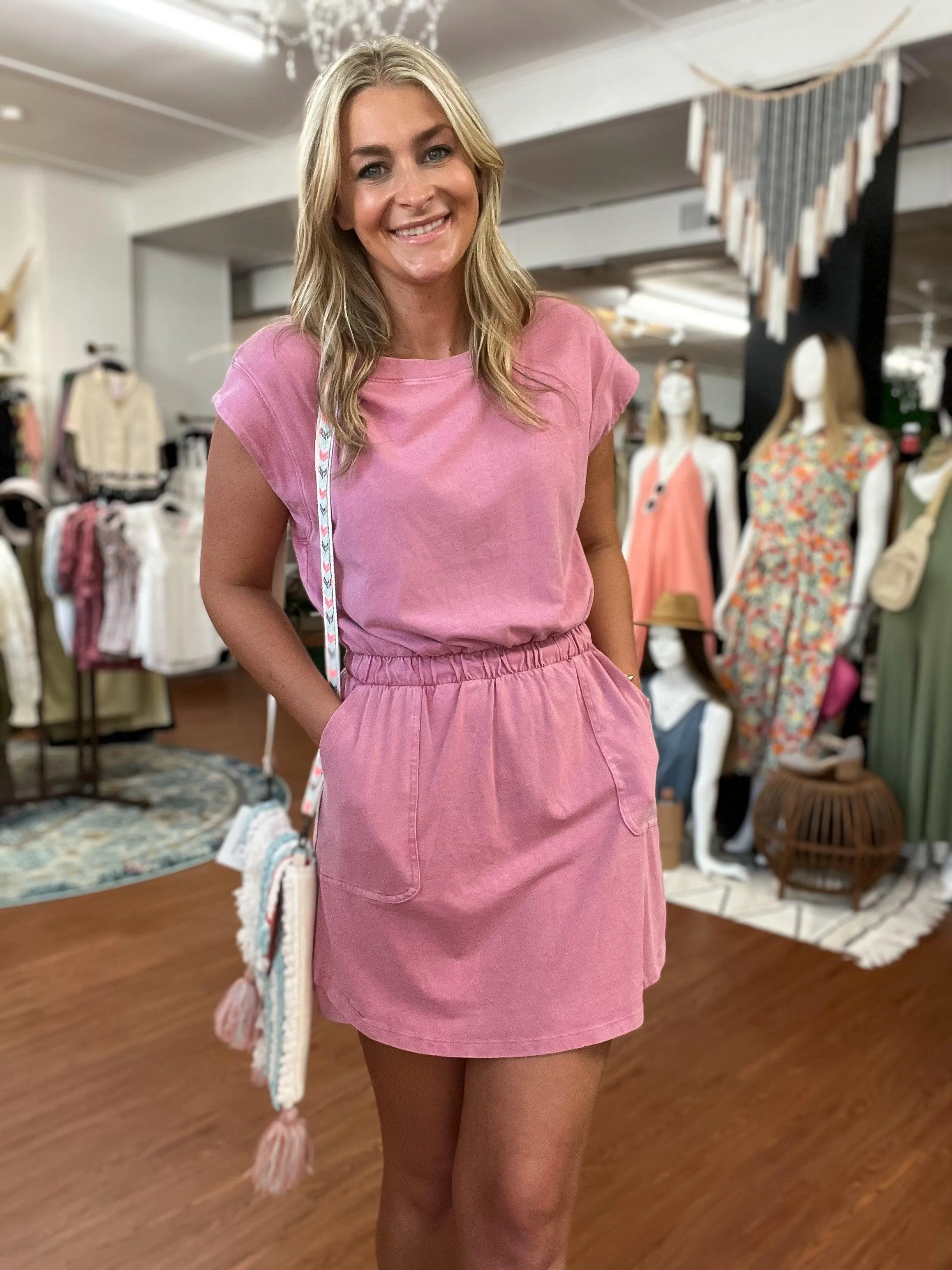 Mauve Short Sleeve Washed Pocket Dress