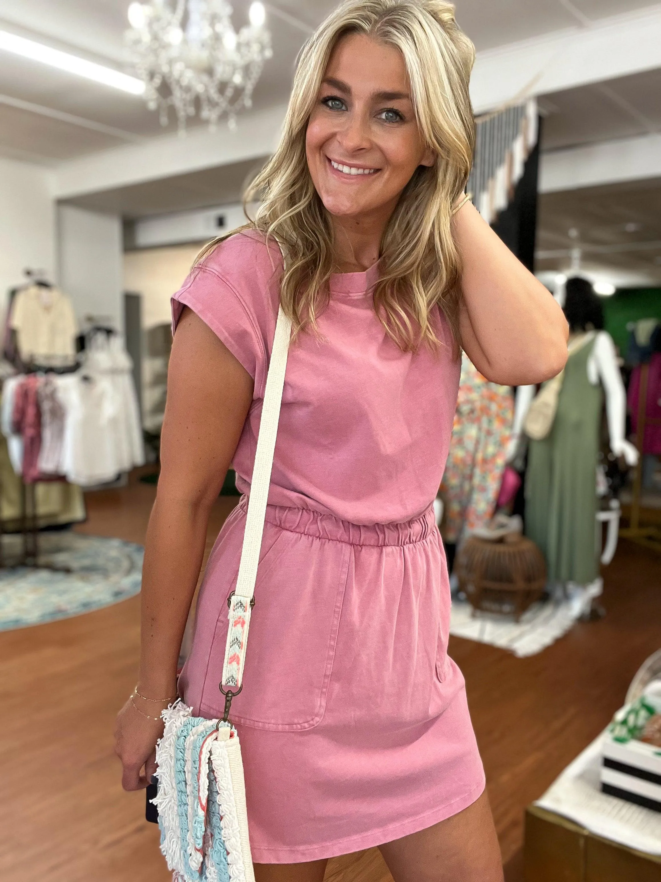 Mauve Short Sleeve Washed Pocket Dress