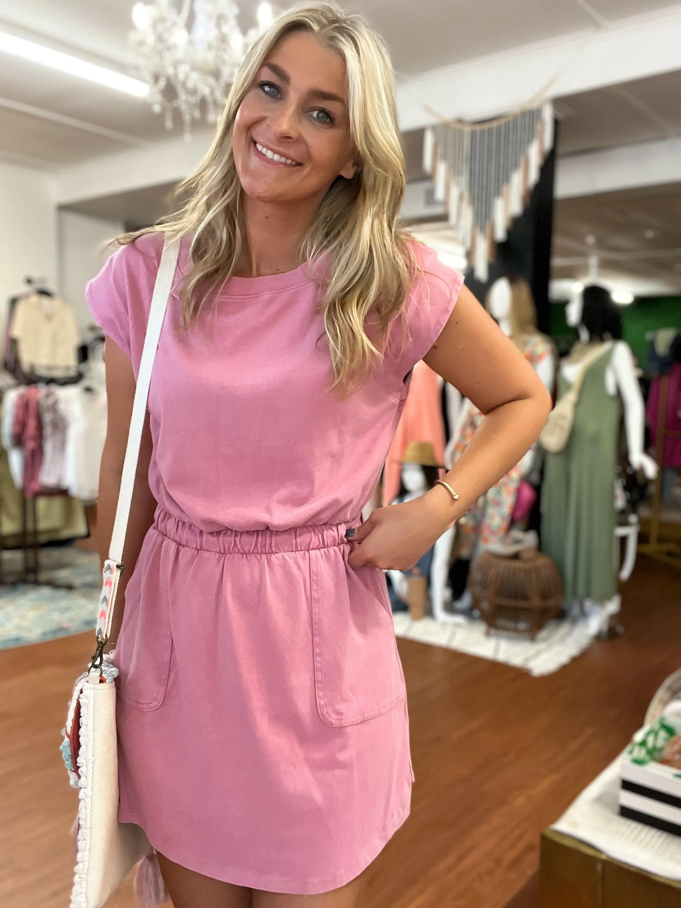 Mauve Short Sleeve Washed Pocket Dress