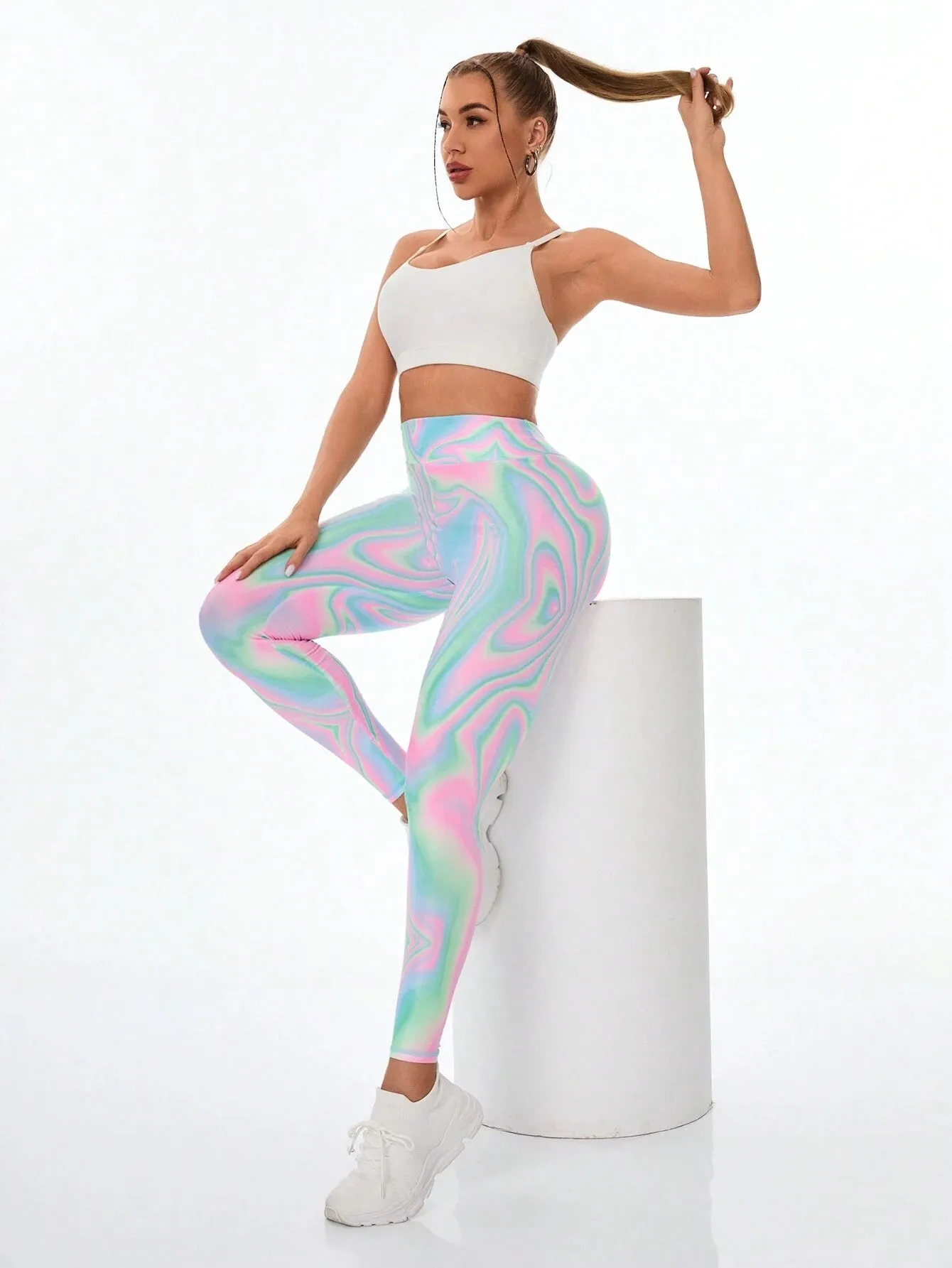 SHEIN Sport Studio Printed Women's Leggings For Outerwear, Slimming And Elastic High Waist Sports Tights