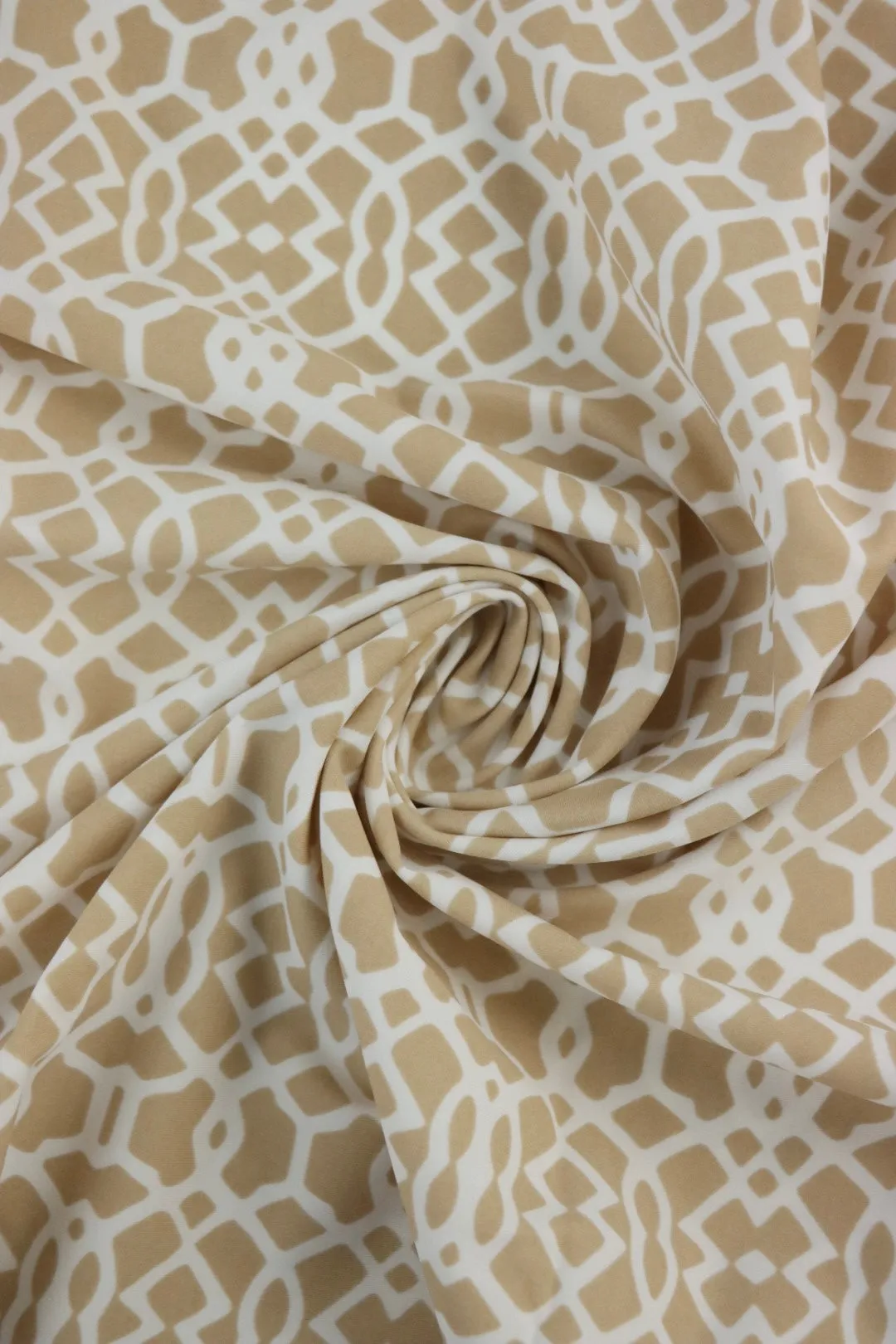 White Geometric on Beige Nylon Spandex Tricot | Designer Deadstock