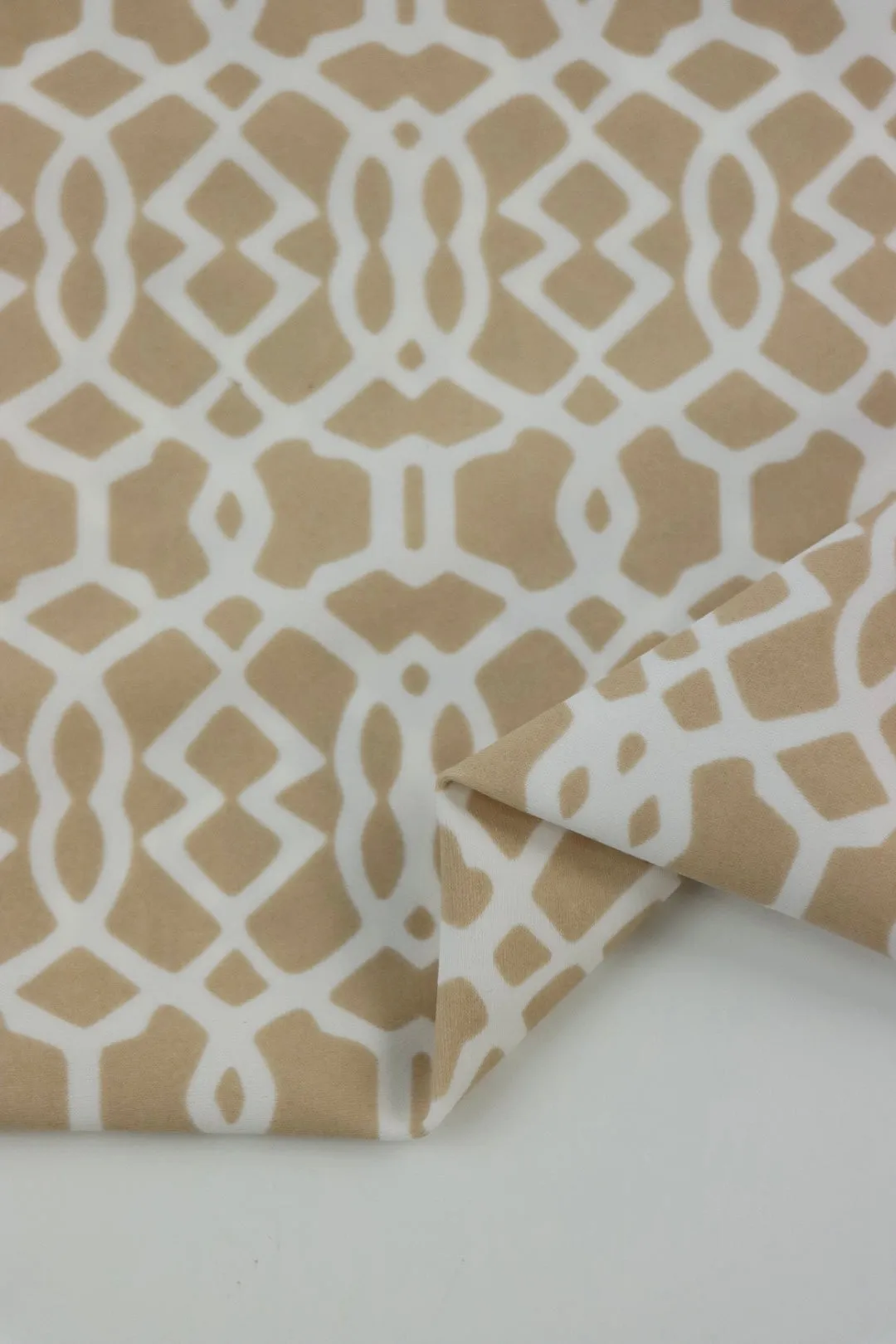 White Geometric on Beige Nylon Spandex Tricot | Designer Deadstock